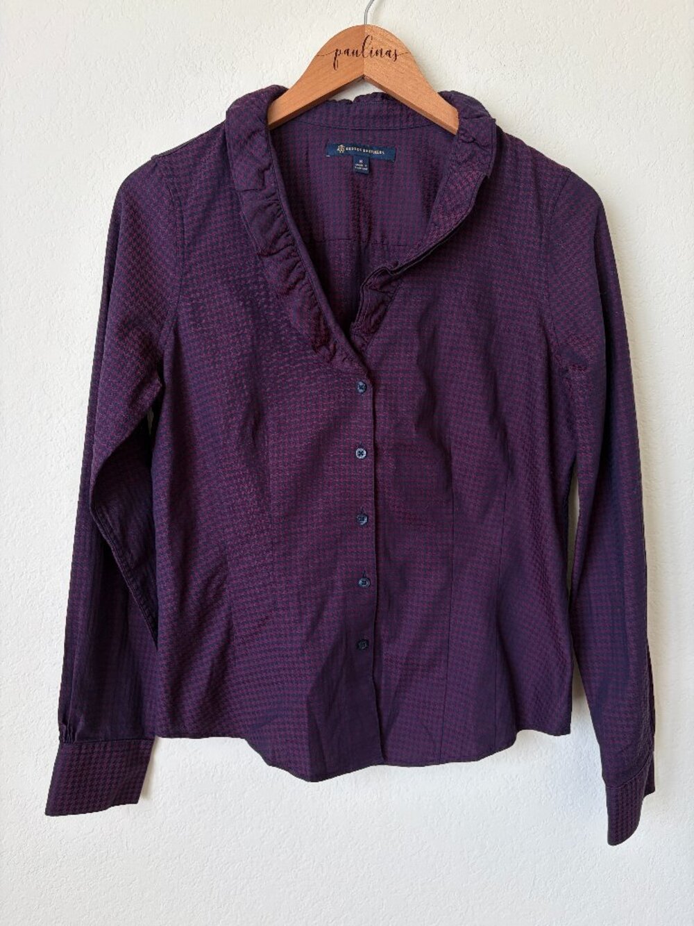 Brooks Brothers Top Womens 6 Burgundy Houndstooth Cotton Ruffle Career Blouse